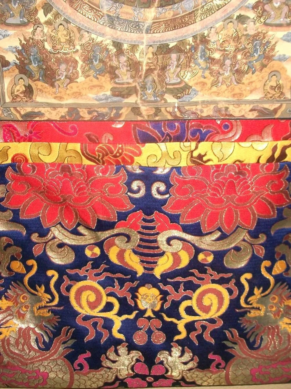 Large Hanging Vintage Tibetan Thangka w Handpainted Mandala on Heavy Brocade